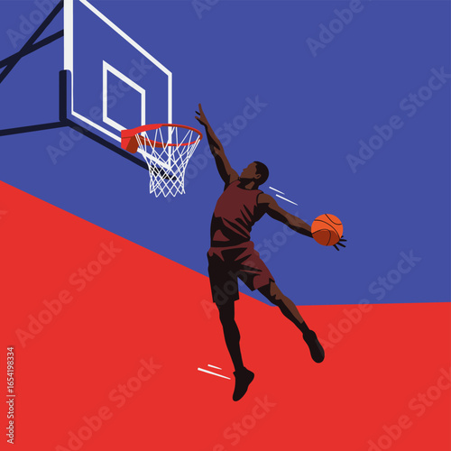 Basketball player dunking in minimalist silhouette art on bold red and blue background