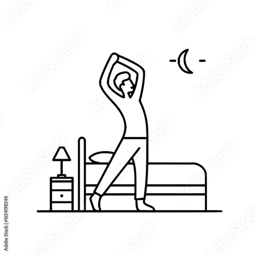 Man stretching morning routine bedroom nightstand lamp bed moon sleep wake up exercise wellness 100 character