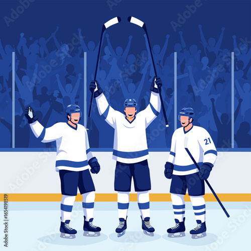 Hockey players celebrating victory on ice rink with enthusiastic crowd