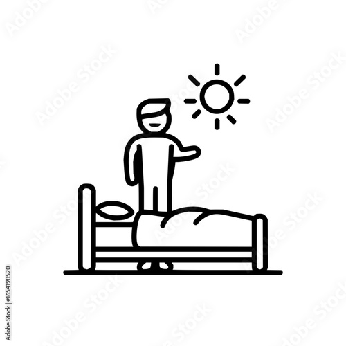 Morning wake up routine sun sunshine bed bedroom sleep person getting up early day light lifestyle vector icon