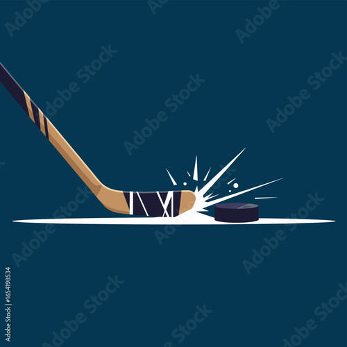 Hockey stick striking puck with dynamic movement and impact burst