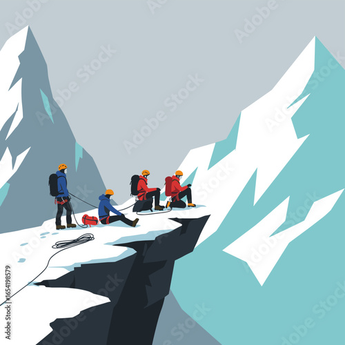 Group of climbers resting on snowy mountain edge in minimalist style