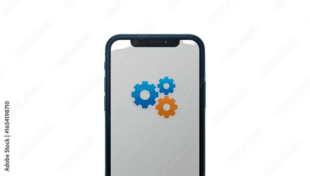 Smartphone displaying settings icon, gear, cogwheels, mobile phone, interface, application, technology. Smartphone displaying settings icon, gear, cogwheels, mobile phone, interface, application, technology.