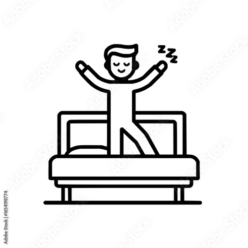 Man waking up in bed morning routine sleep wake bedroom rest relaxation stretching happy lifestyle person