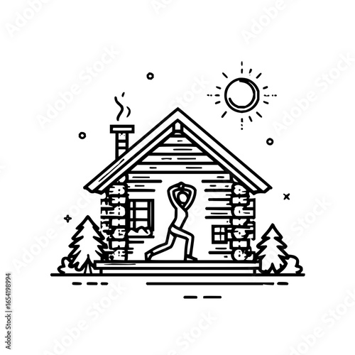 Cabin yoga retreat wellness exercise stretching pose meditation outdoors nature landscape relaxation getaway home