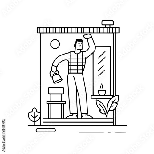 Illustration of morning routine man in room with coffee, plant, chair, window, and sunshine vector design