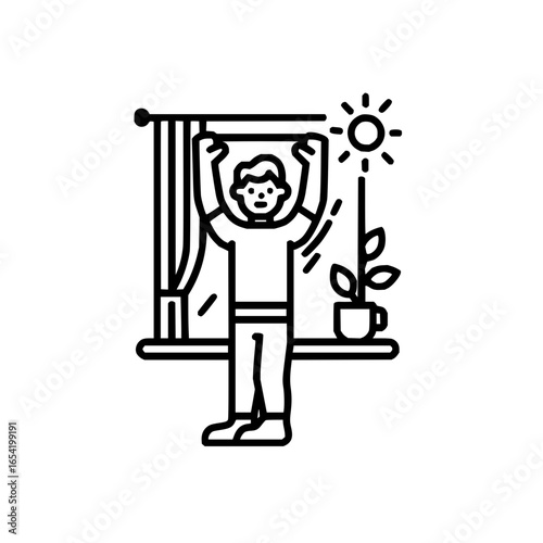 Morning routine stretching exercise health wellness lifestyle window plant sun happy person vector art