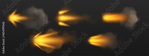 Yellow fire gun blast effects with smoke trails and bright muzzle flashes for military game assets. Projectile sparks fly horizontally with realistic flame patterns. Combat shooting visual elements