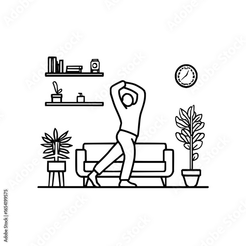 Man stretching exercise at home fitness routine workout indoor activity healthy lifestyle wellbeing concept