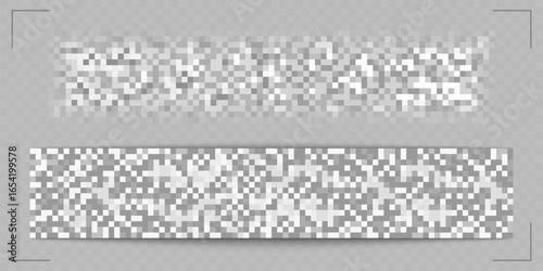 Gray censor bars with pixelated squares for hiding sensitive content. Censored label over mosaic pattern blocks. Privacy protection elements for documents or images requiring redaction.