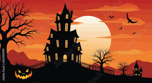 Spooky Halloween haunted house silhouette with pumpkins and bats at dusk