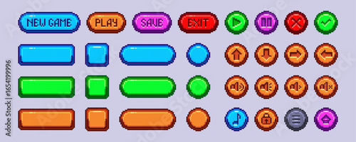 Pixel game button collection with colorful text labels and round icons for retro interface design. Bright elements in 8 bit videogame style. Classic controller arcade UI assets for digital projects.