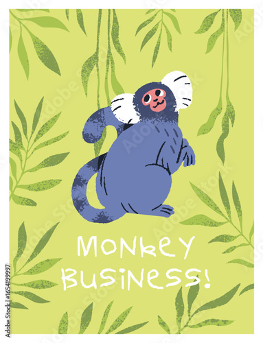 Little jungle marmoset smiles on design of greeting card. Postcard template with cute monkey sits, funny primate character is happy. Layout with rainforest animal with plants. Flat vector illustration