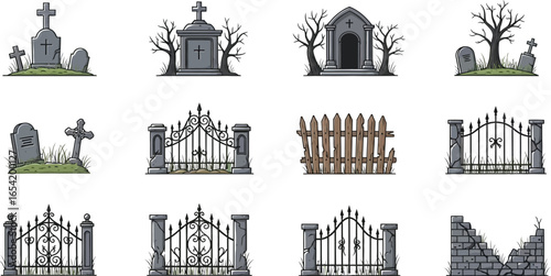 Spooky cemetery elements including tombstones and gates for Halloween design