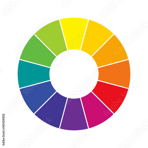 Color wheel chart circle. Bright rainbow spectrum divided into 12 equal segments on white background. Circular palette for color theory, design, or visual harmony. Vector illustration.