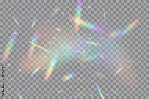 Rainbow light flares on transparent background. Glowing prism light leaks scattered randomly. Camera lens flickers. Holographic rays. Abstract vector illustration.