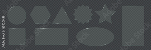 Transparent glass frames. 3d plastic screens in various shapes. Reflective surface panels with light glare on transparent background. Modern UI element. Realistic vector illustrations set.