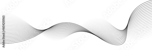 Black abstract wave line isolated on white background. Smooth flowing curved stripes in gradient style. Futuristic motion design, minimal geometric pattern. Graphic vector illustration.