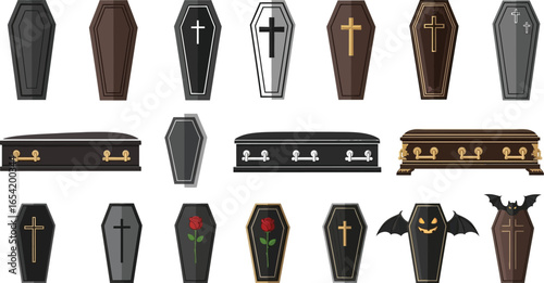 Collection of various coffins for funerals, Halloween, and gothic themes