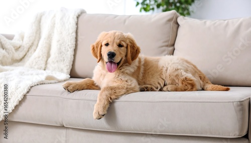 Adorable puppy on a beige couch