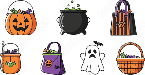 Happy Halloween icons with candy and spooky characters for holiday fun