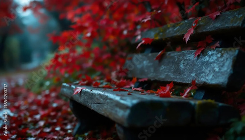A rustic wooden bench surrounded by a carpet of bright red leaves, highlighting the beauty of fall.