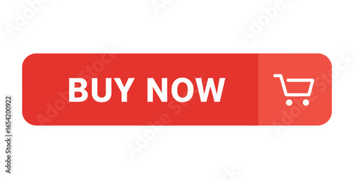 A red buy now button with rounded corners and a shopping cart icon on the right side of the button vector