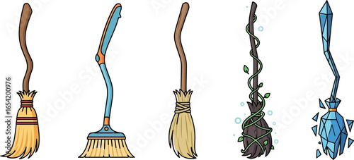 Collection of five illustrated brooms for magical fantasy creative projects