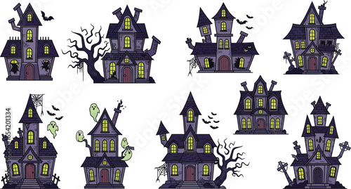Spooky Halloween haunted houses with bats, ghosts, and cobwebs ready to scare
