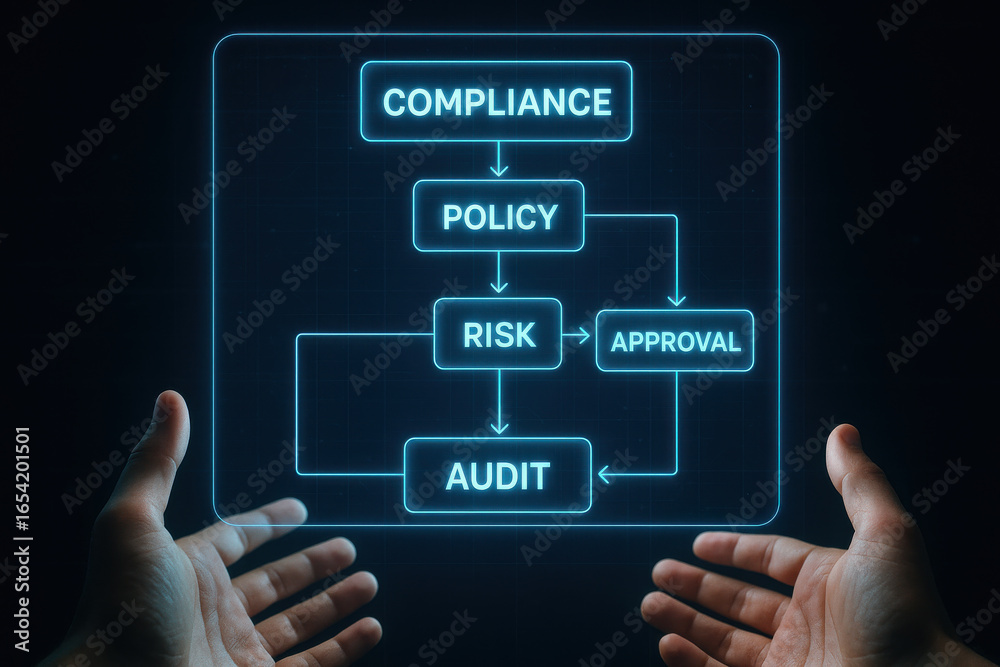 Obraz premium Compliance policy risk approval audit flowchart glowing in hands