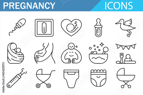 Pregnancy and Infant Care Icons: Bottles, Diapers, Stethoscope, and More
