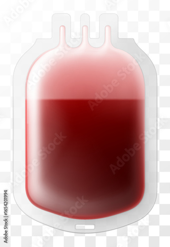 Medical dropper bag with blood, isolated on transparent background. Blood injection and transfusion bag, Medicine and donation concept. Bag with blood and plasma. Realistic 3d vector illustration