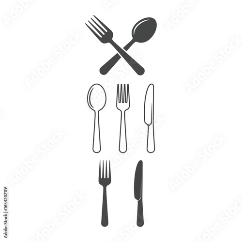 Illustration of silverware including forks spoons and knives in various arrangements and styles vector