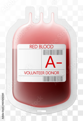 Medical dropper bag with blood A-. Blood injection and transfusion bag isolated on transparent background. Medicine and donation concept. Bag with blood and plasma. Realistic 3d vector illustration