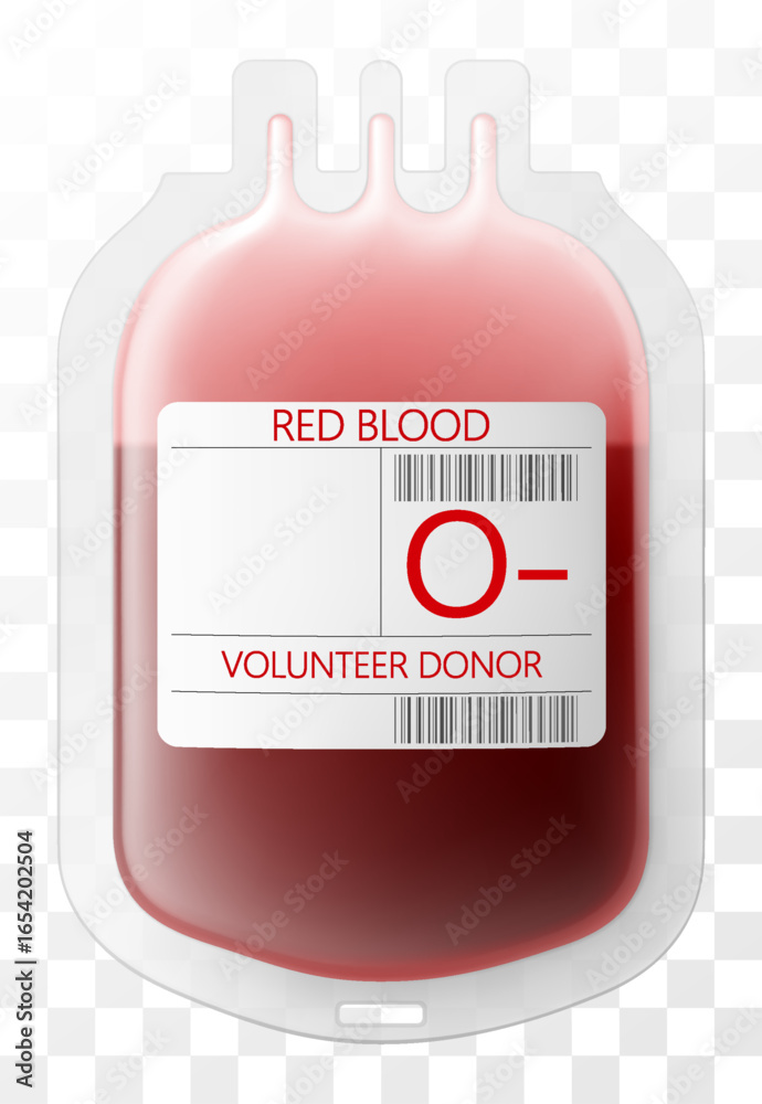 Fototapeta premium Medical dropper bag with blood O-. Blood injection and transfusion bag isolated on transparent background. Medicine and donation concept. Bag with blood and plasma. Realistic 3d vector illustration