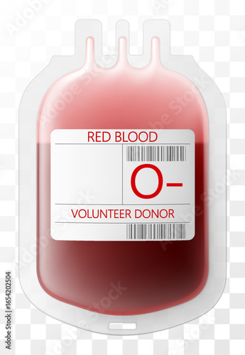 Medical dropper bag with blood O-. Blood injection and transfusion bag isolated on transparent background. Medicine and donation concept. Bag with blood and plasma. Realistic 3d vector illustration