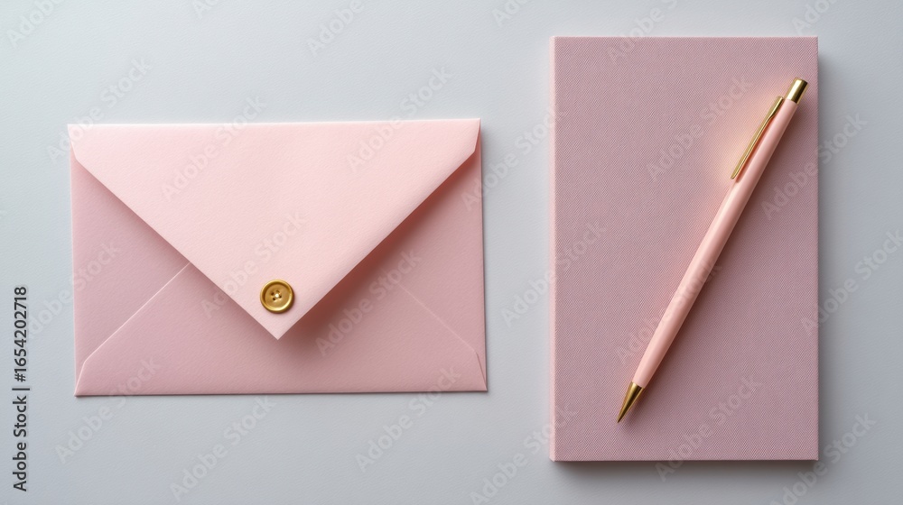 Elegant pastel pink envelope with gold button closure and matching notebook set, luxury wedding stationery, premium branding mockup, sophisticated office supplies
Elegant pastel pink envelope with gold button closure and matching notebook set, luxury wedding stationery, premium branding mockup, sophisticated office supplies