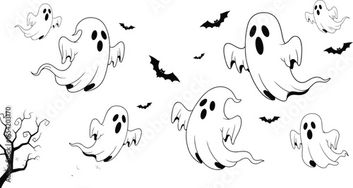 Spooky Halloween ghosts and bats flying with haunted house and moon