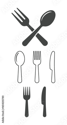 Illustration showing crossed spoon and fork with additional cutlery items in black and white style vector