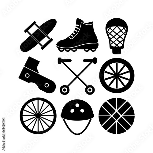 Collection of various sports and recreational equipment including roller skates and a skateboard displayed