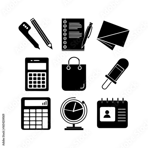 Collection of office supplies including calculators, pens, envelopes, and other stationery items