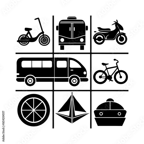 Illustration of various modes of transportation arranged in a tic tac toe grid black and white design