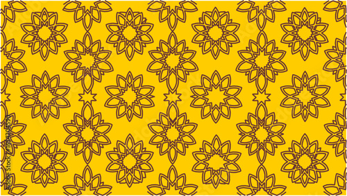A vibrant seamless pattern with repeating geometric flower shapes on a solid yellow background. A decorative and ornamental design suitable for textile, wallpaper, or background applications.