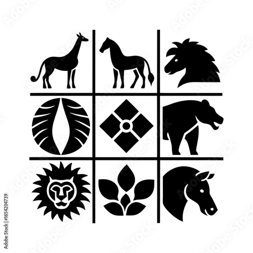 Black and white tic tac toe grid featuring animals and abstract shapes in a symmetrical arrangement