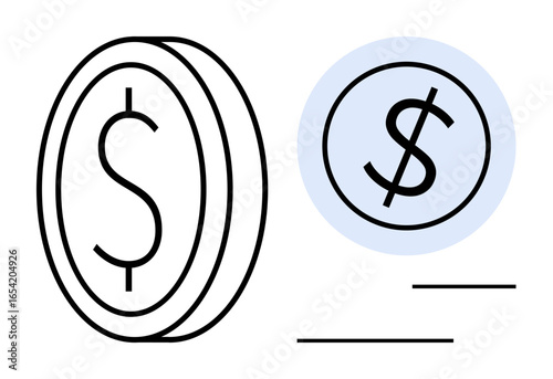 Dollar coin illustration with currency symbol and circular accent. Ideal for finance, investment, budgeting, economy, savings, currency exchange, and business. Bold simple flat metaphor