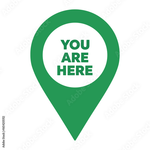 A green location pin with the words you are here in dark green on a white background centered inside vector