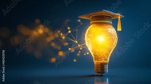 A glowing light bulb wearing a graduation cap symbolizes knowledge, education, innovation, and bright ideas in a digital, connected network setting