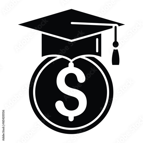 A black graduation cap atop a coin with a dollar sign symbolizing education funding costs help vector