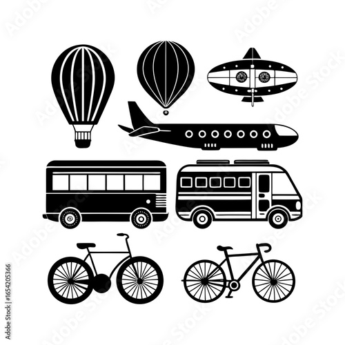 Black silhouette of transportation vehicles including air and land travel options in a vector graphic