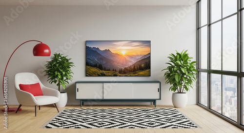 Modern living room with LED and a chair in a white theme.
